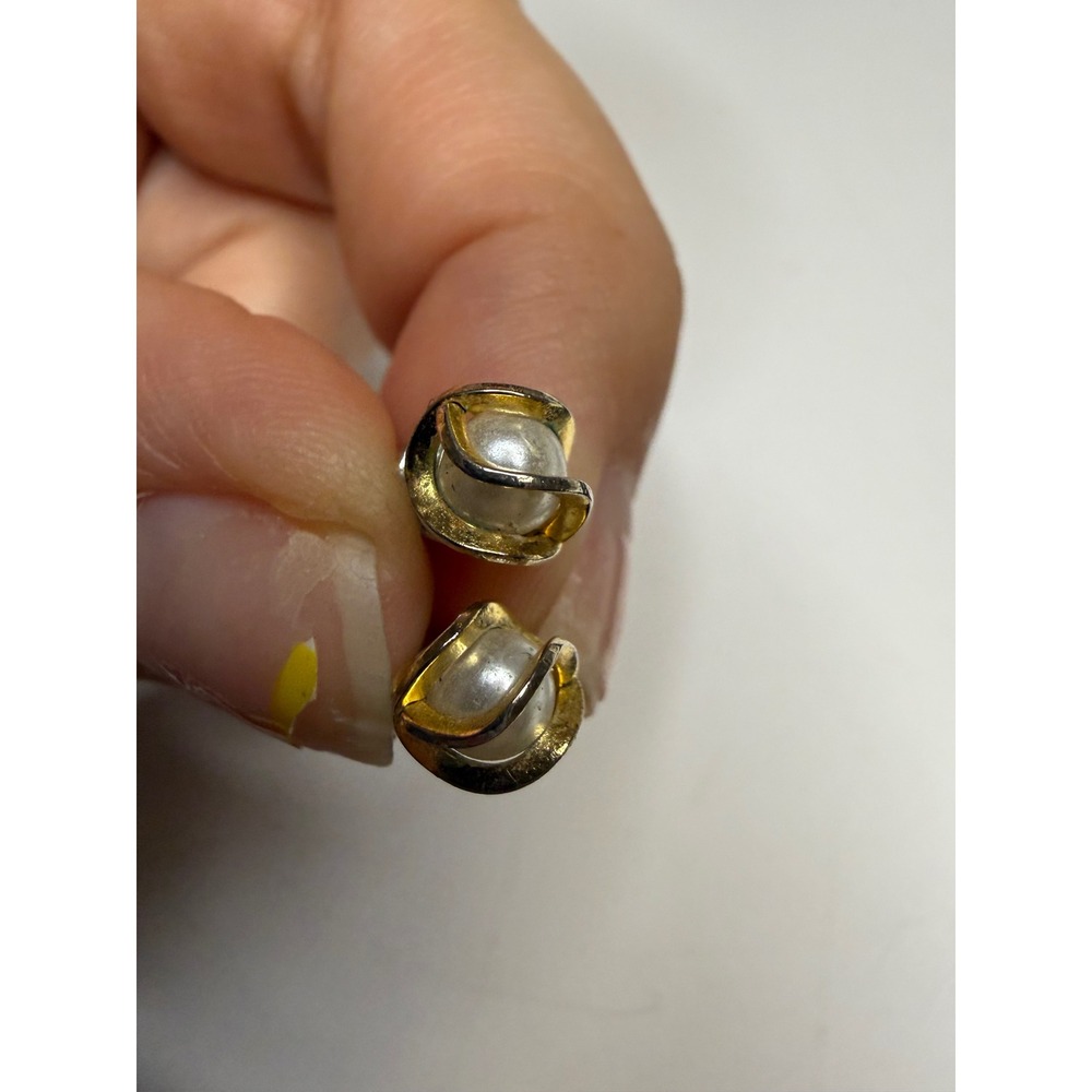 Two Tone Faux Pearl Cage Stud Earrings Gold Silver Mixed Metal Small Post